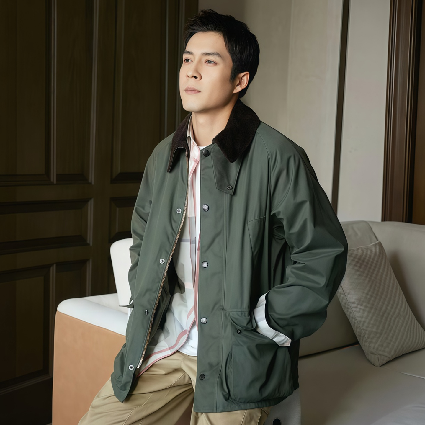 白百何韩东君同款英国Engbarbour OS peached Bedale无蜡夹克外套
