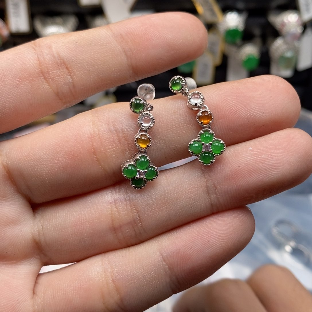 翡翠耳饰银S925镶嵌天然缅甸翡翠a货