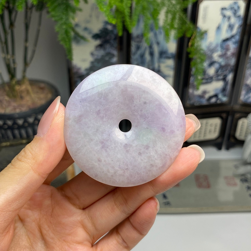 紫罗兰飘绿平安扣挂件 天然翡翠A货 