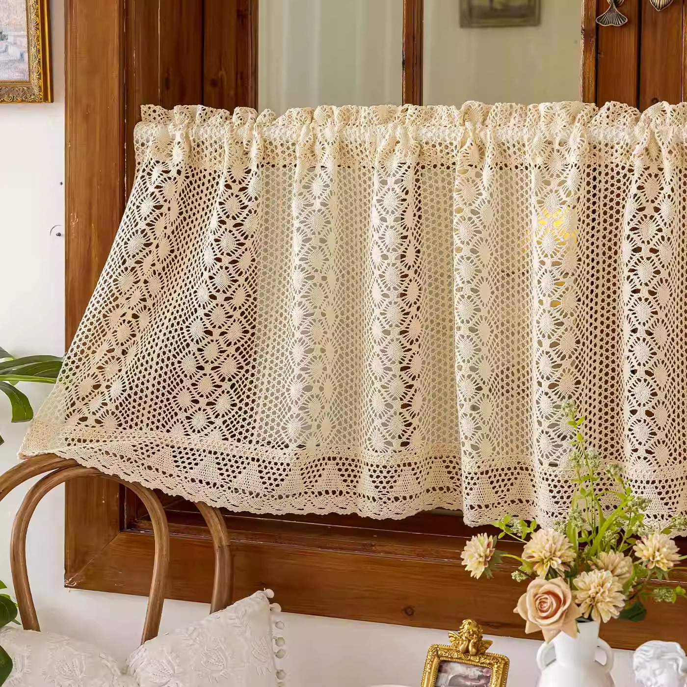 手工钩花纱帘厨房半帘短帘门帘小窗帘免打孔田园美式咖啡帘隔断帘