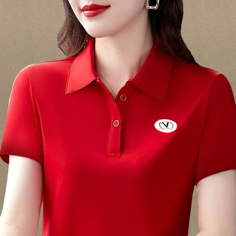 A30妈妈翻领短袖t恤女夏季新款polo中年人运动休闲上衣大码
