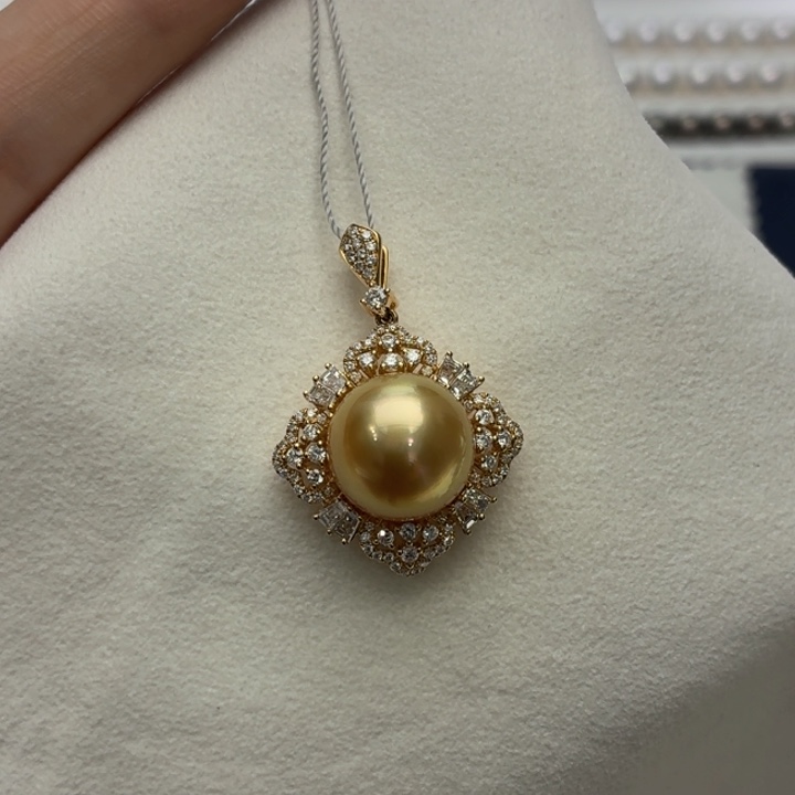 洛***球海水珍珠18K金镶嵌吊坠(不含链)13-14mm金珠吊坠