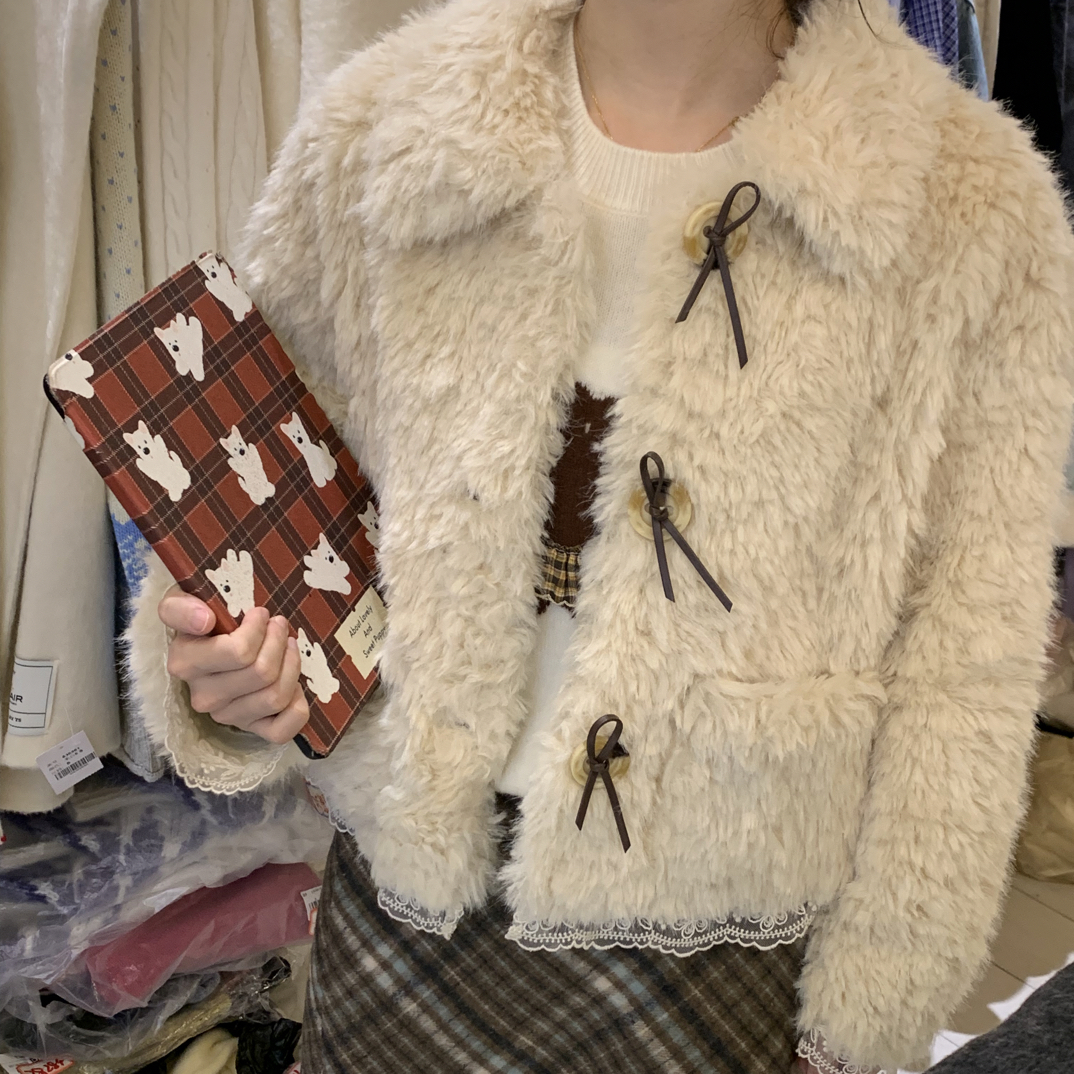 秒变韩系女单排扣短款冬季皮毛一体短外套女装蕾丝边毛绒百搭上衣