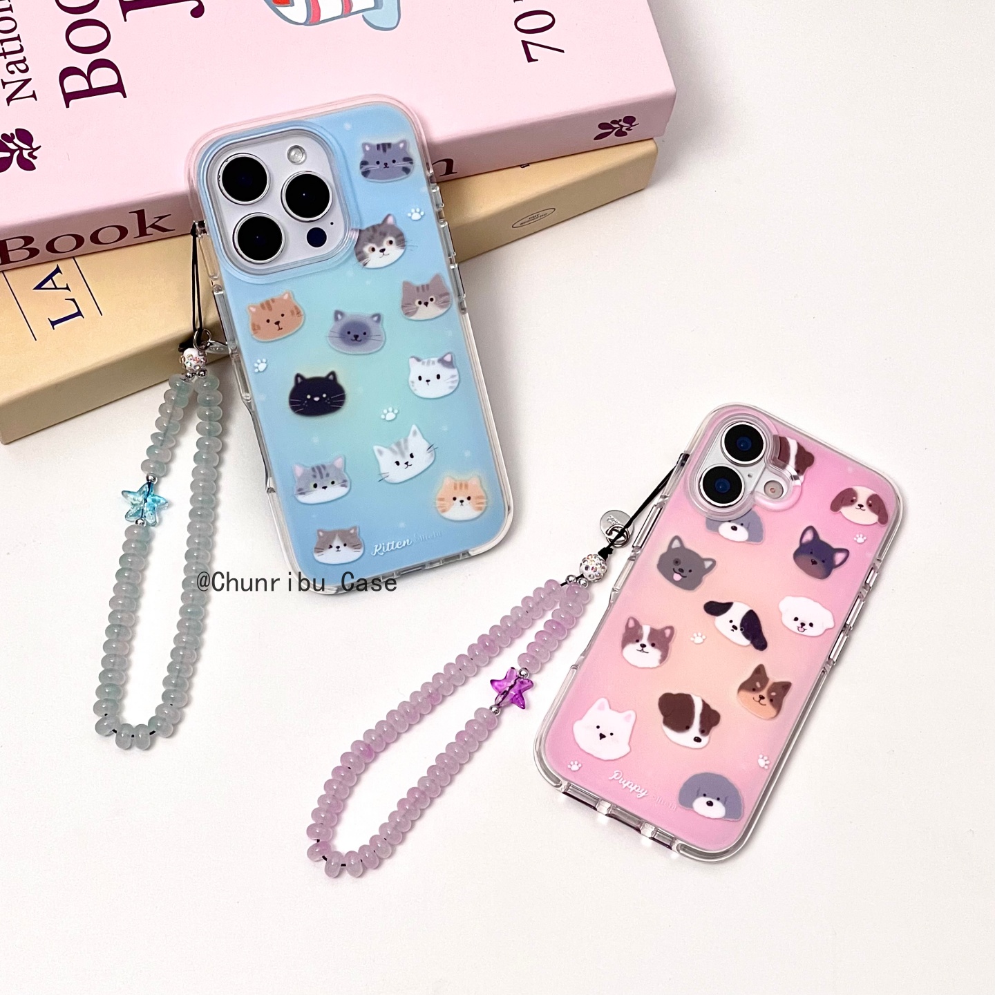 可爱卡通ins渐变蓝粉小猫小狗适用苹果17/16promax手机壳15/17/13