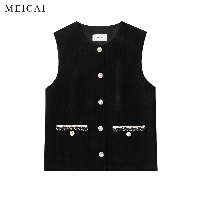 美裁 新款“黑千金”复古定织定染灯芯绒坑条香风马甲