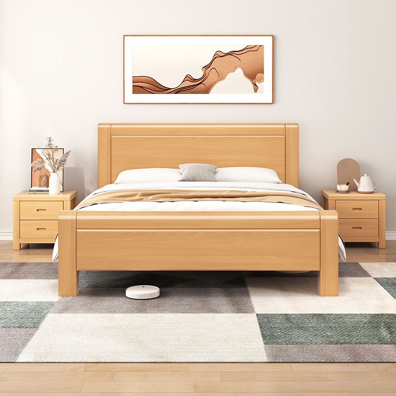 榉木实木床现代简约床成人双人主卧床储物床全实木简约大床经济型