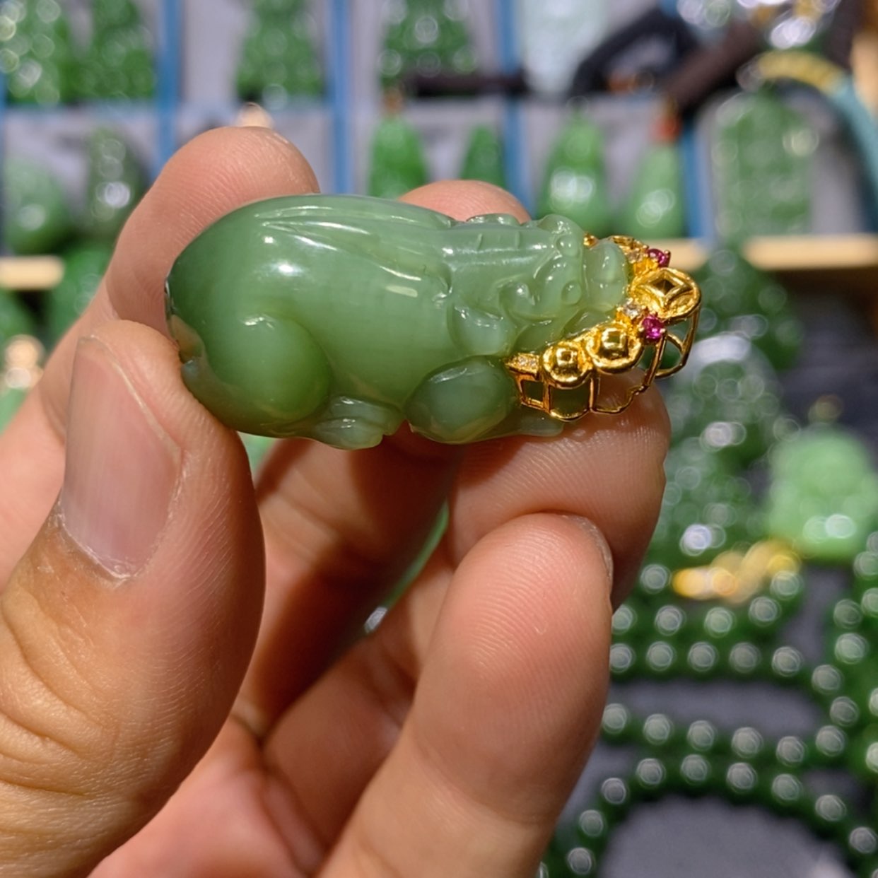 【闪购商品】和田玉吊坠(不含链)18K金镶嵌粉绿猫眼貔貅37/17/14