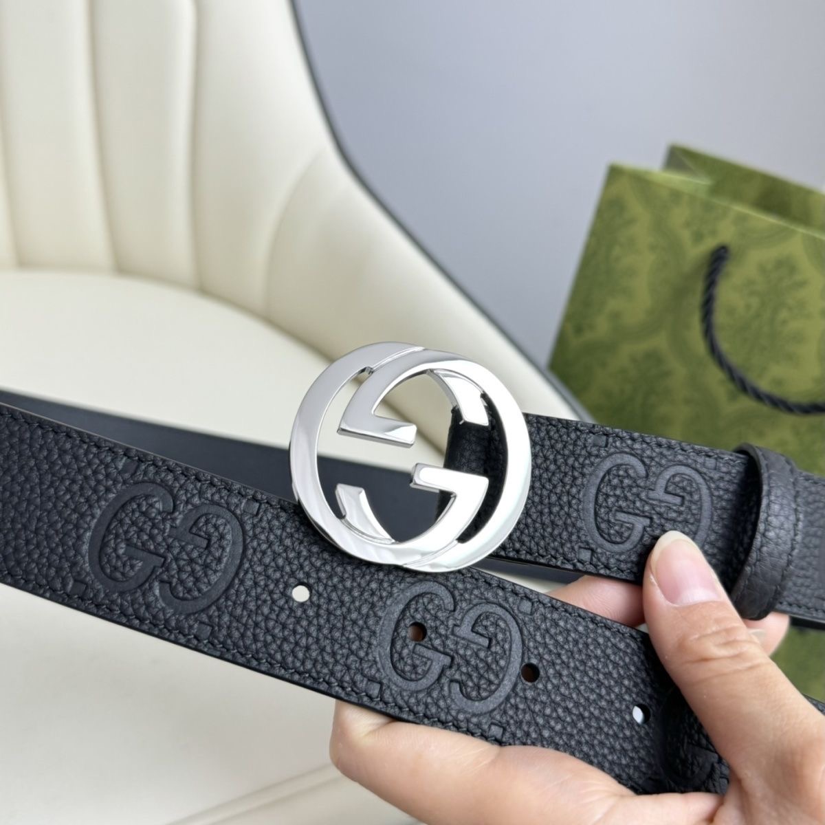 双G新款荔枝纹男士腰带复古经典压花头层牛皮