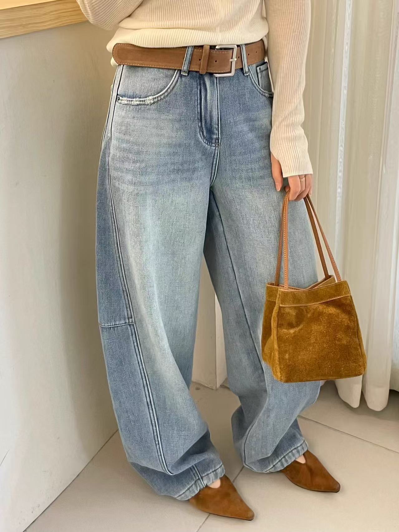 2751-3562 加绒加厚韩版设计感破洞弯刀牛仔裤