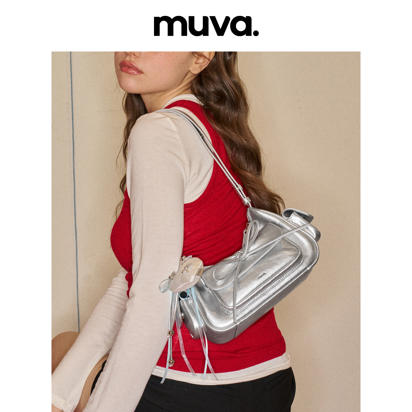 MUVA芭蕾风蝴蝶结口袋腋下包斜挎包真皮时尚轻便可爱精致3.14新品