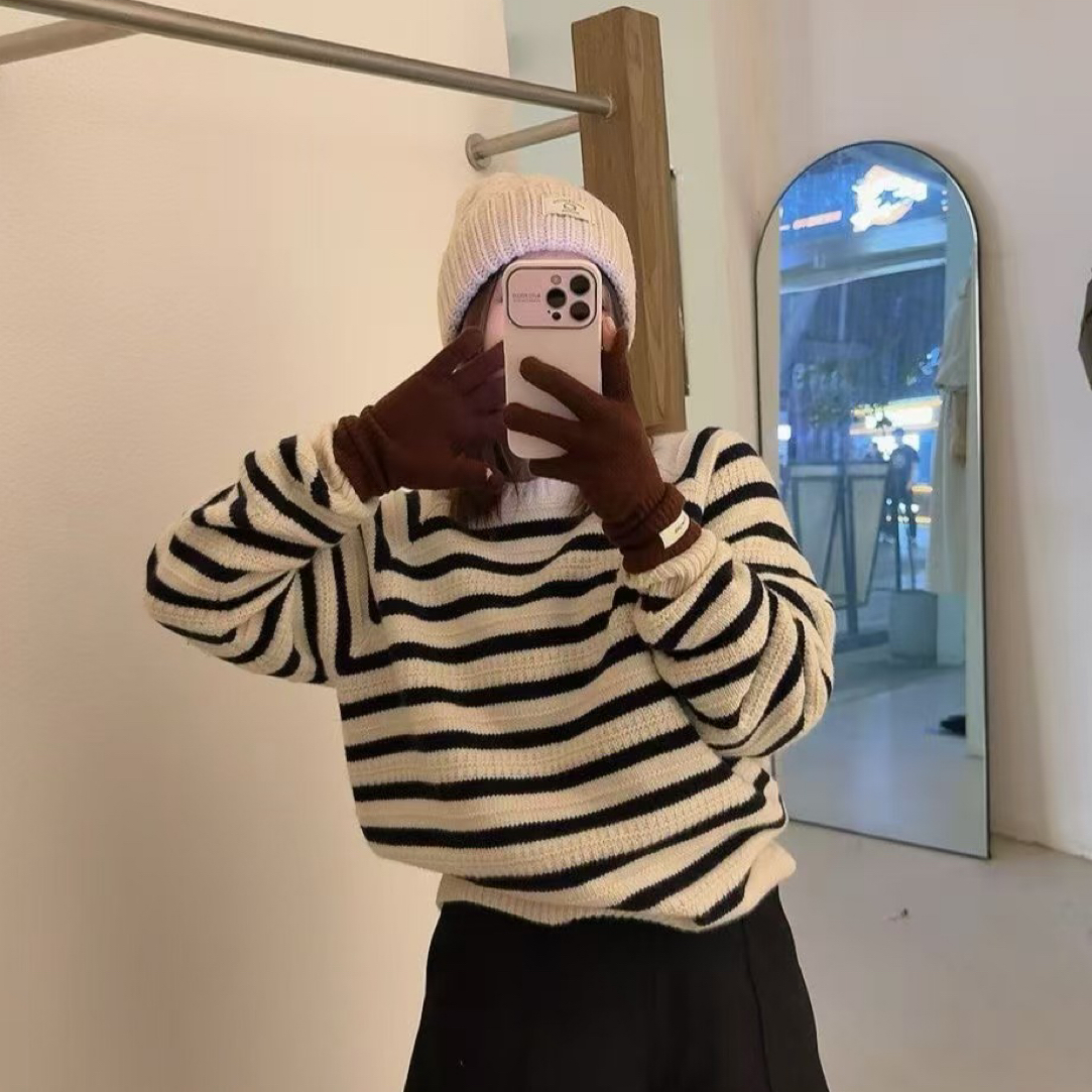 秋冬时尚洋气保暖宽松条纹穿搭韩版套装加厚套头羊毛羊衣