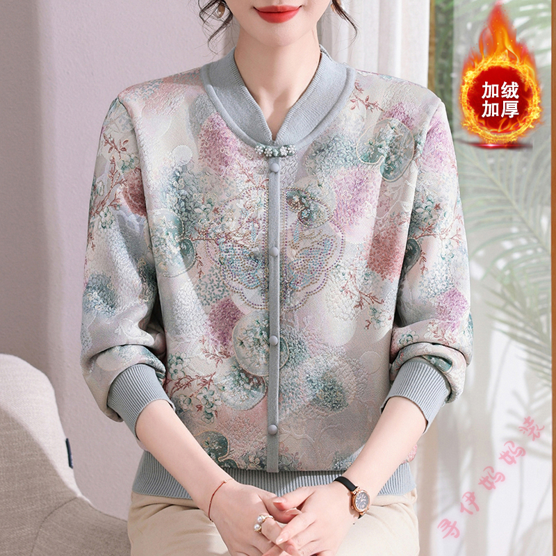 新款冬季时尚妈妈装一体绒毛衣中老年女新中式秋冬装印花打底衫