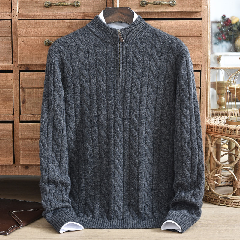 华伦世家男士100%纯山羊绒加厚半高领绞花纯色打底冬季羊绒衫2712