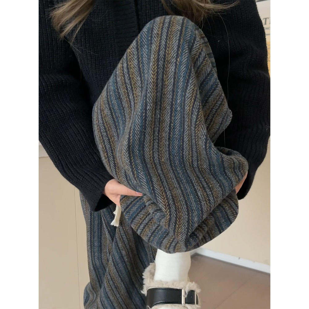 复古条纹加绒裤子女秋冬季毛呢加厚慵懒风宽松直筒宽松休闲阔腿裤