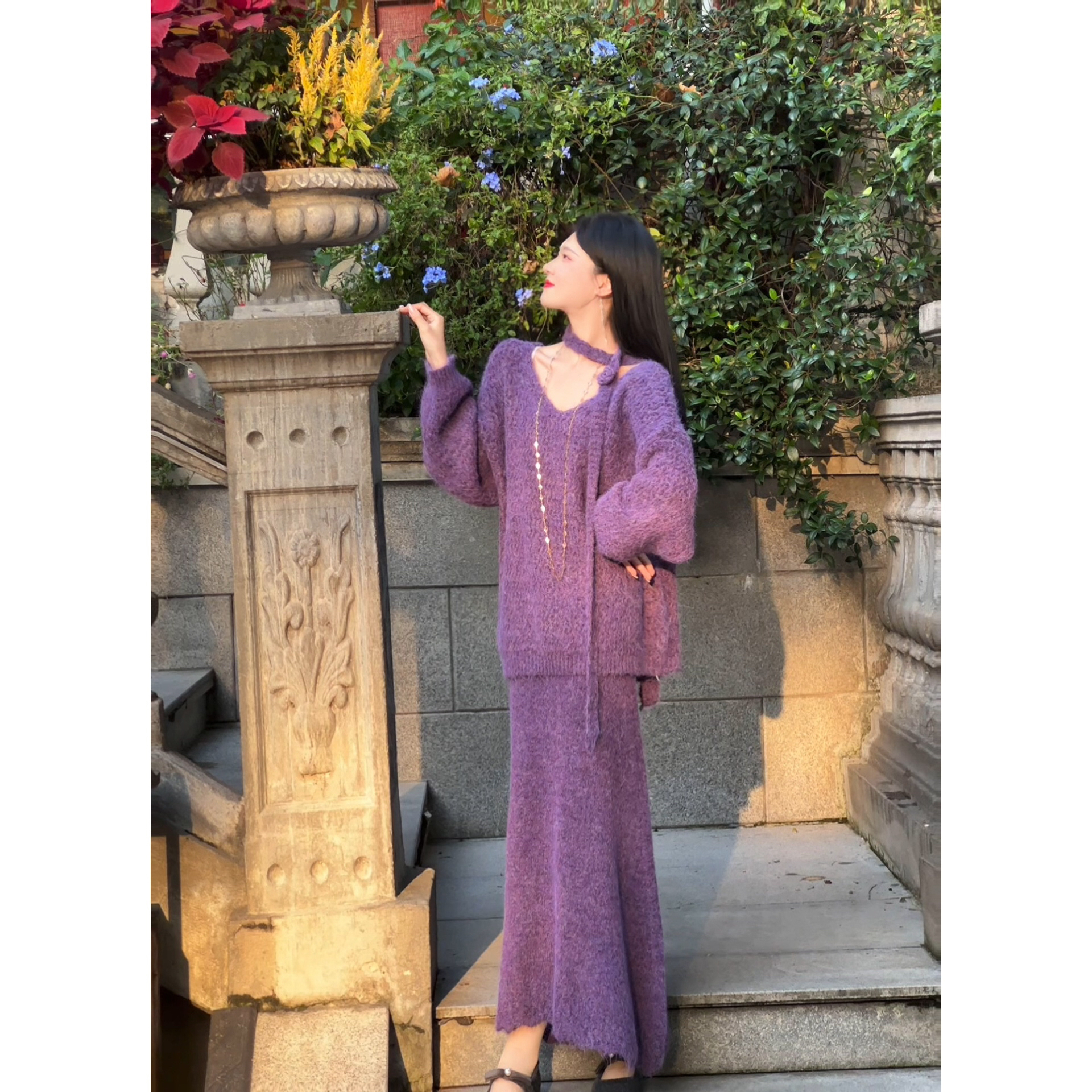 JCC 【紫夜心语】慵懒风高级感紫色宽松毛衣&半身裙两件套