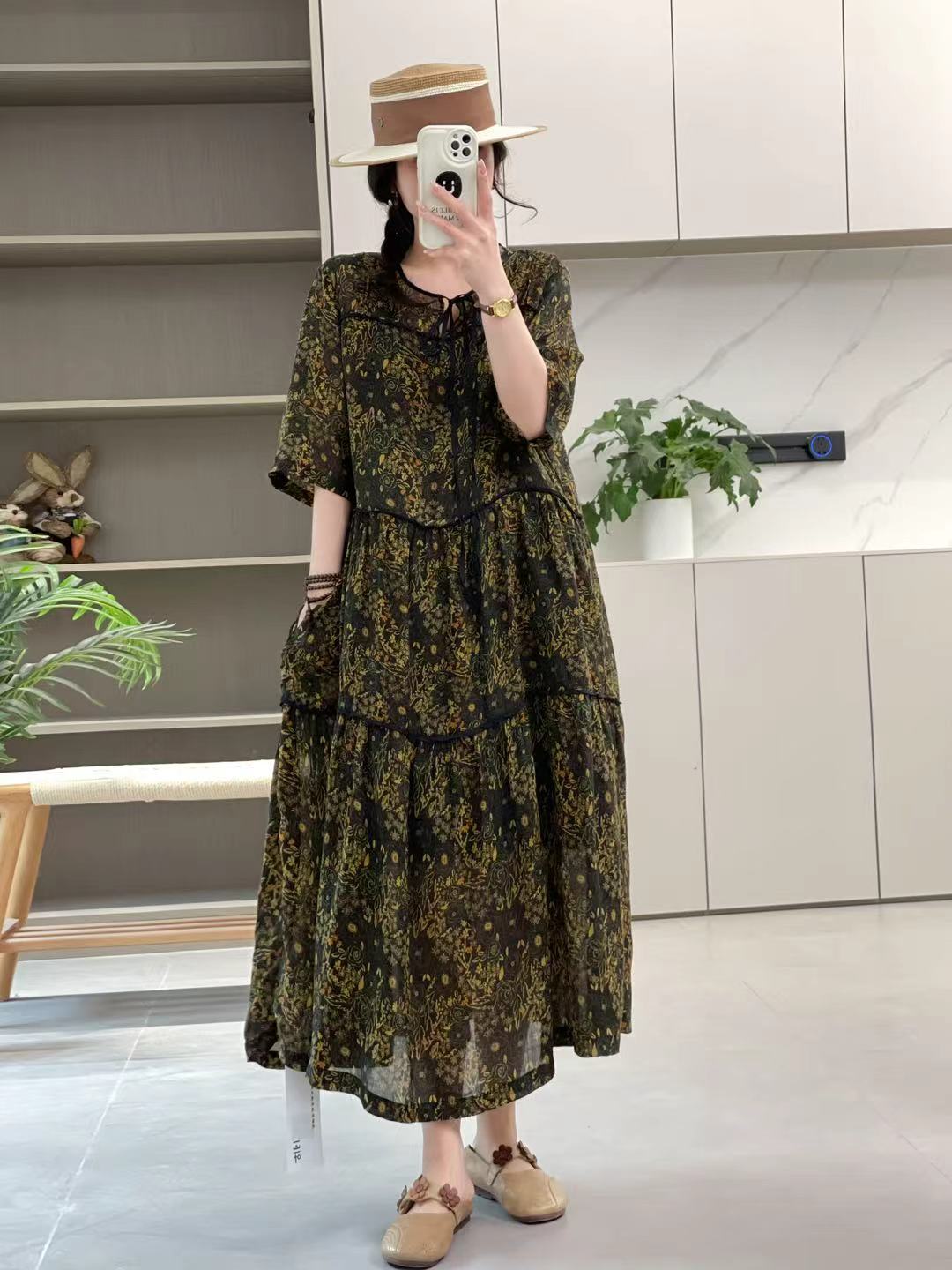 （有内衬）纯苎麻连衣裙炒色印花蛋糕裙藏肉显瘦碎花收腰KC 3091
