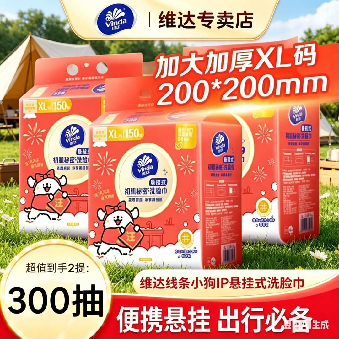 Vinda/维达【300抽】联名款IP线条小狗洗脸巾大包加厚一次性家用纸