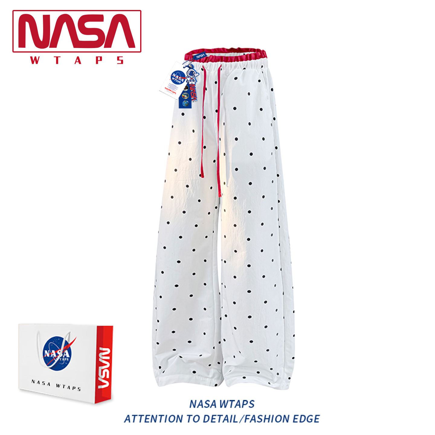 NASA WTAPS美式复古白色波点印花休闲裤女款夏季百搭显瘦直筒裤潮
