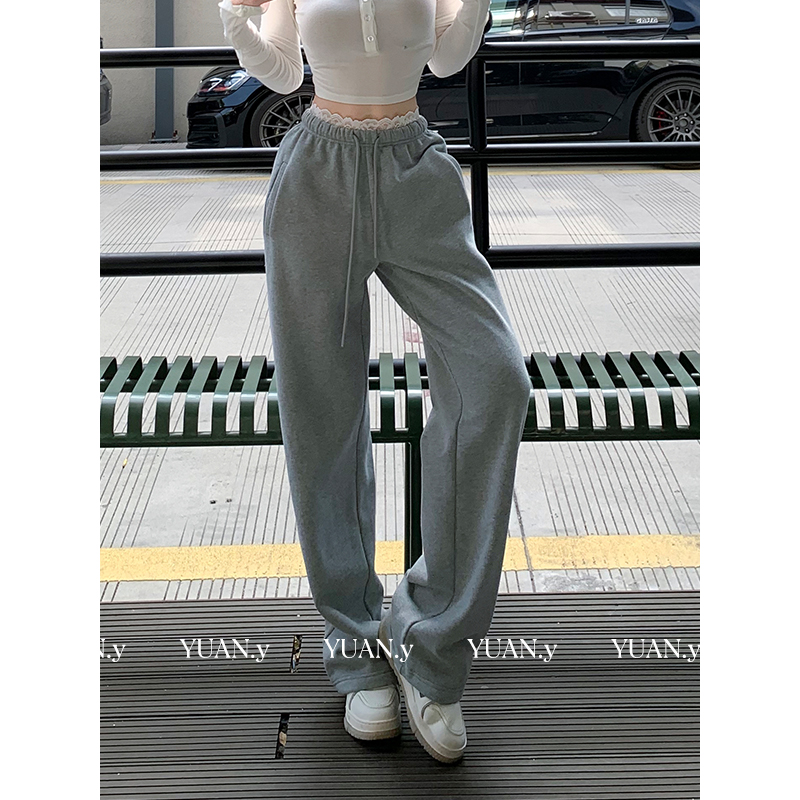 媛媛【行云如水】灰色加绒腰间蕾丝卫裤女秋冬休闲阔腿裤子#K1204