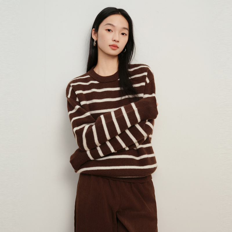 【商场同款】Elva' Island咖色圆领羊毛条纹毛衣女秋冬