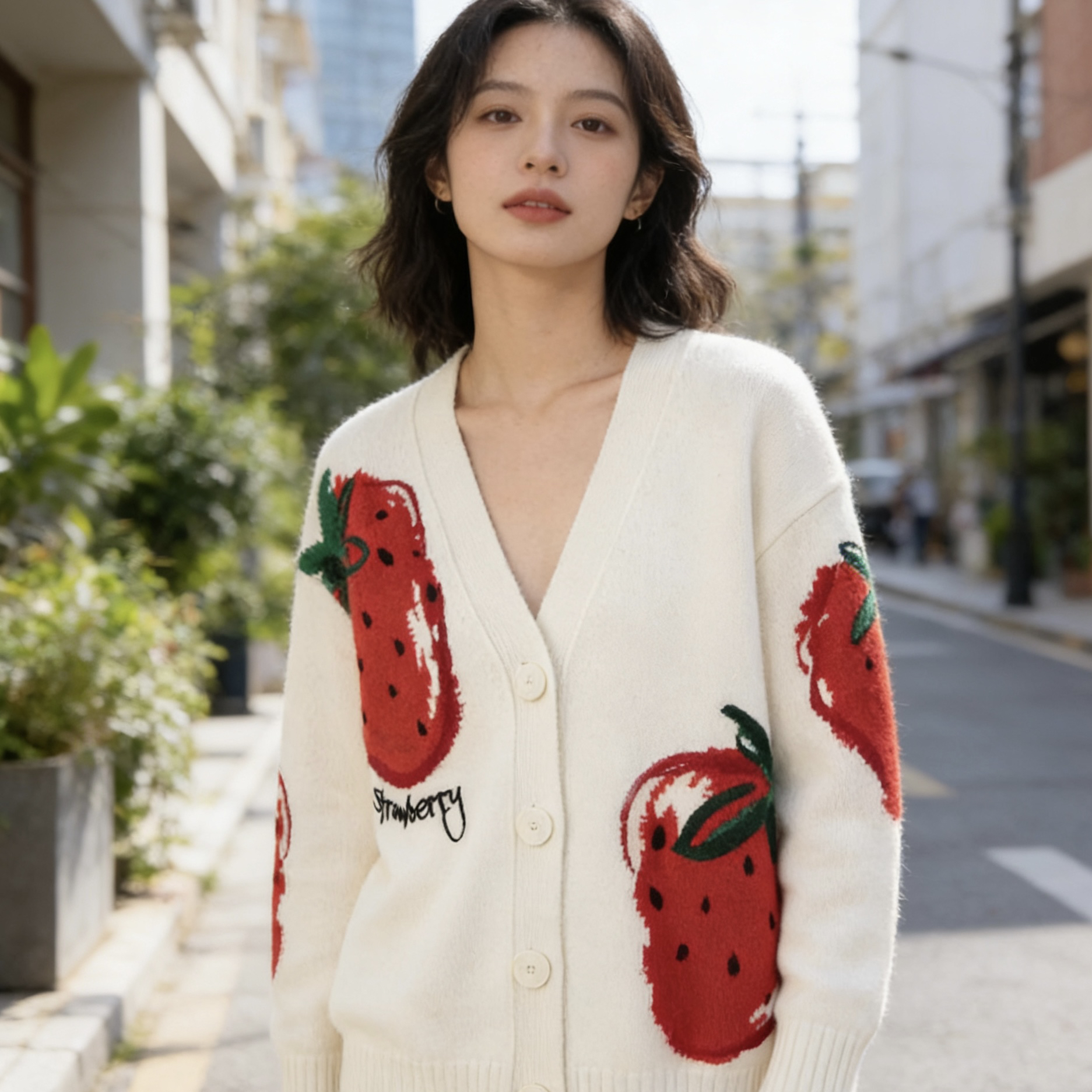 时髦感满满！新款草莓提花针织宽松外套女7055