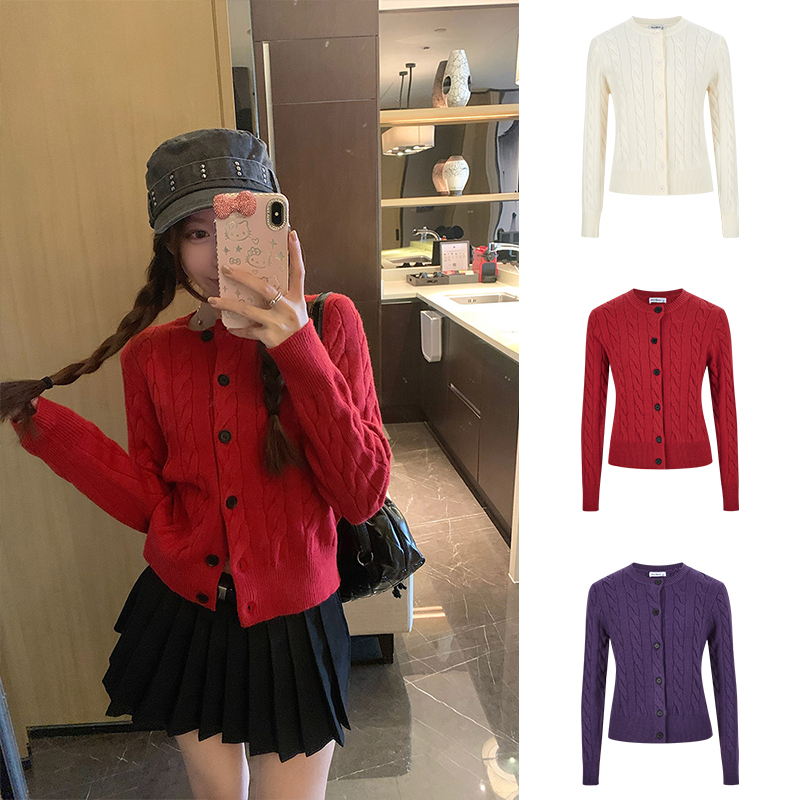 复古麻花针织开衫女慵懒风软糯显瘦百搭上衣