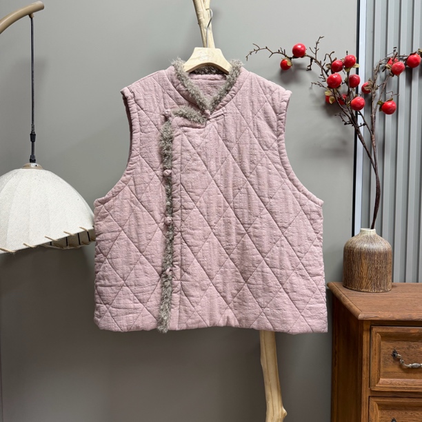 85313亚麻拼接毛斜襟盘扣夹棉马夹（衣长63胸围130）