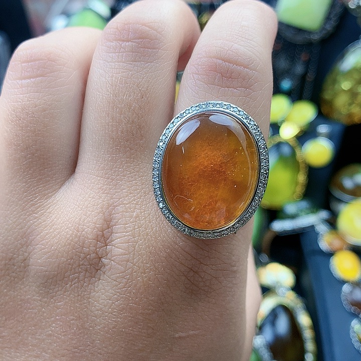 琥珀裸石银S925镶嵌戒指