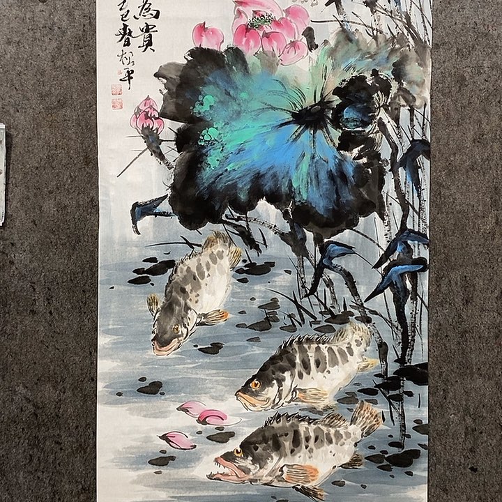 国画强*手绘国画荷花鳜鱼