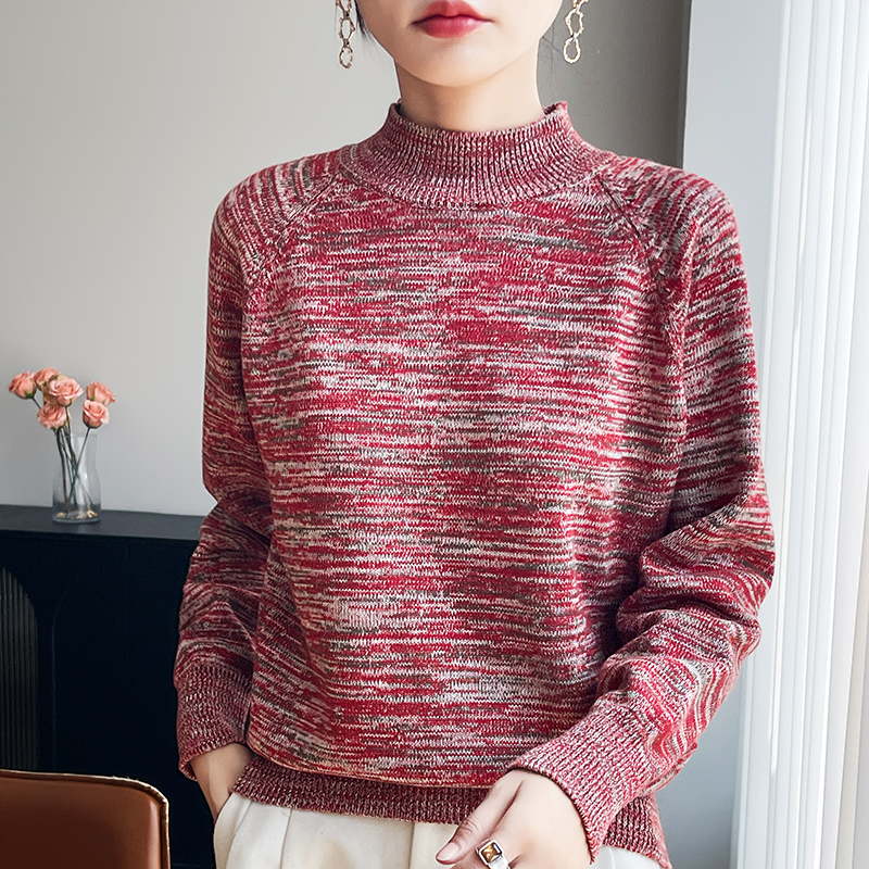 100%纯棉加厚百搭毛针织衫时尚紫色半高领时尚毛衣针织保暖加厚