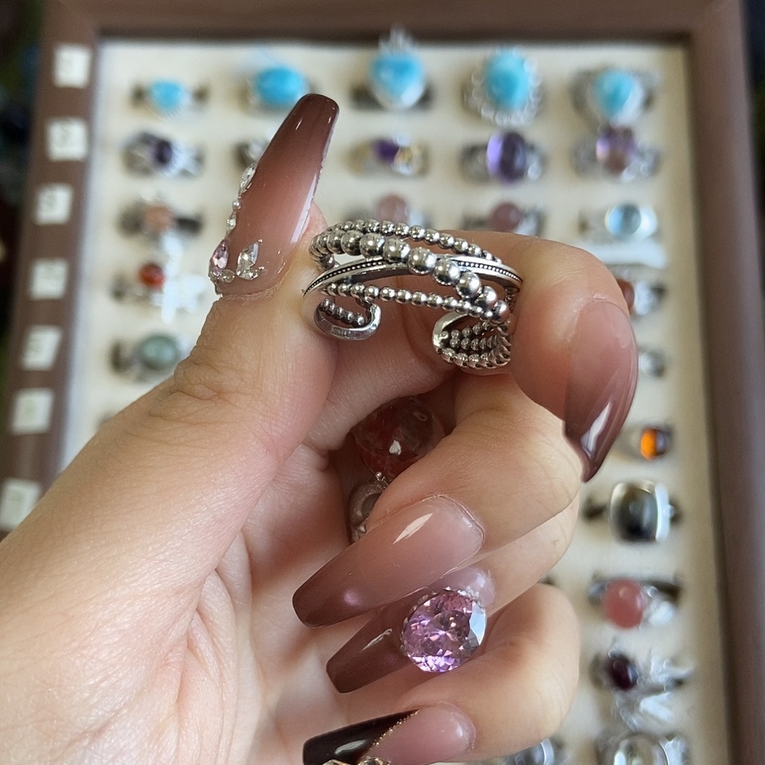 烟晶银S925镶嵌戒指素银双层125