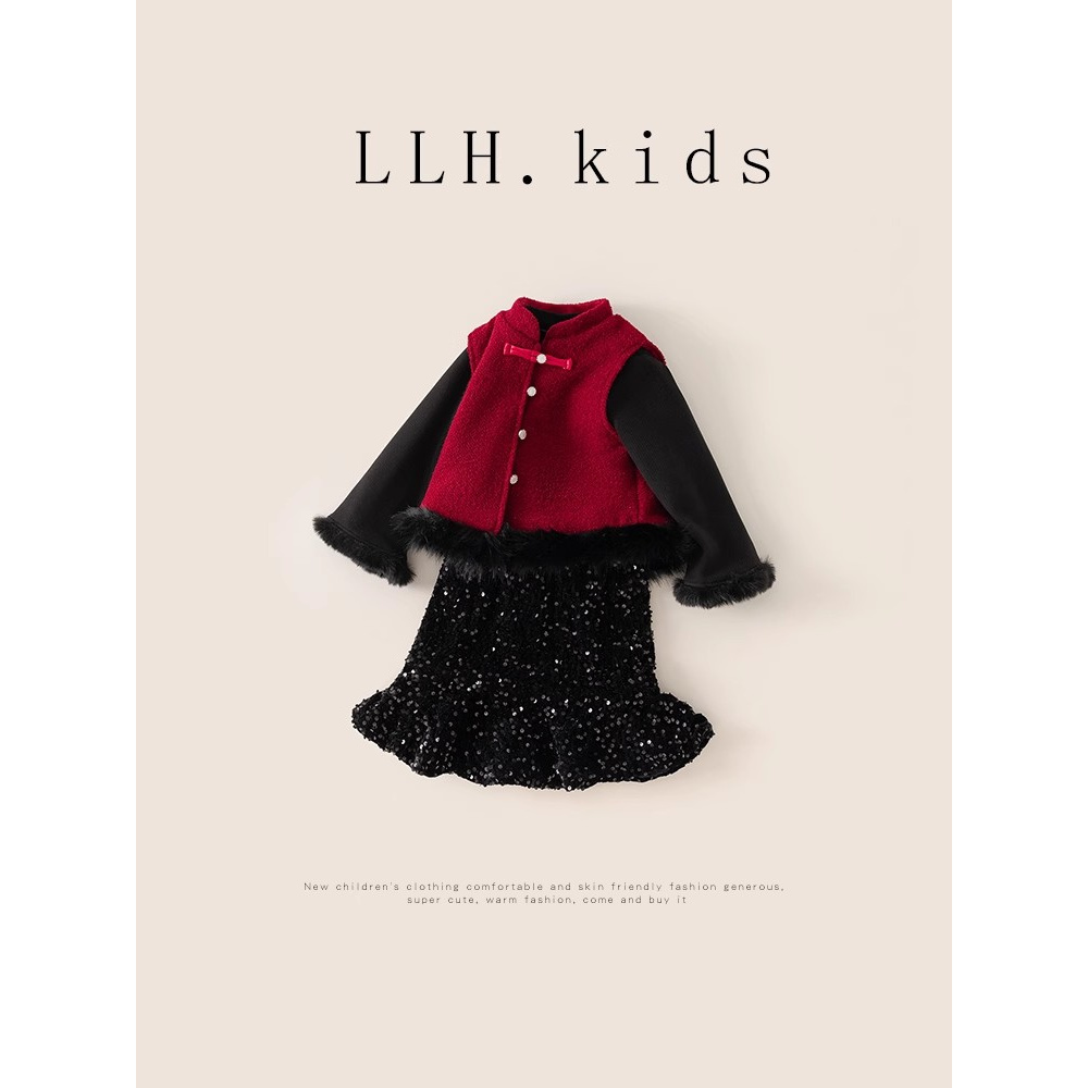 女童拜年服套装冬季2025新款女宝红色过年服儿童新中式公主裙冬装