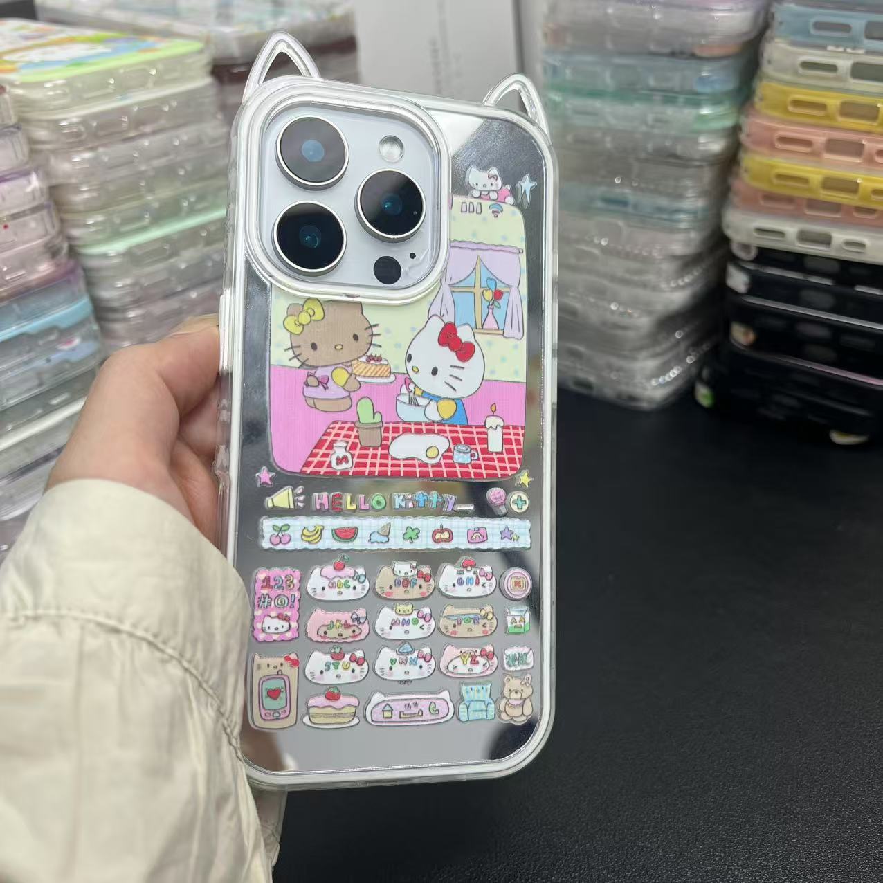 高颜值立体猫耳镜面按键kt猫适用16promax手机壳苹果15少女14新款