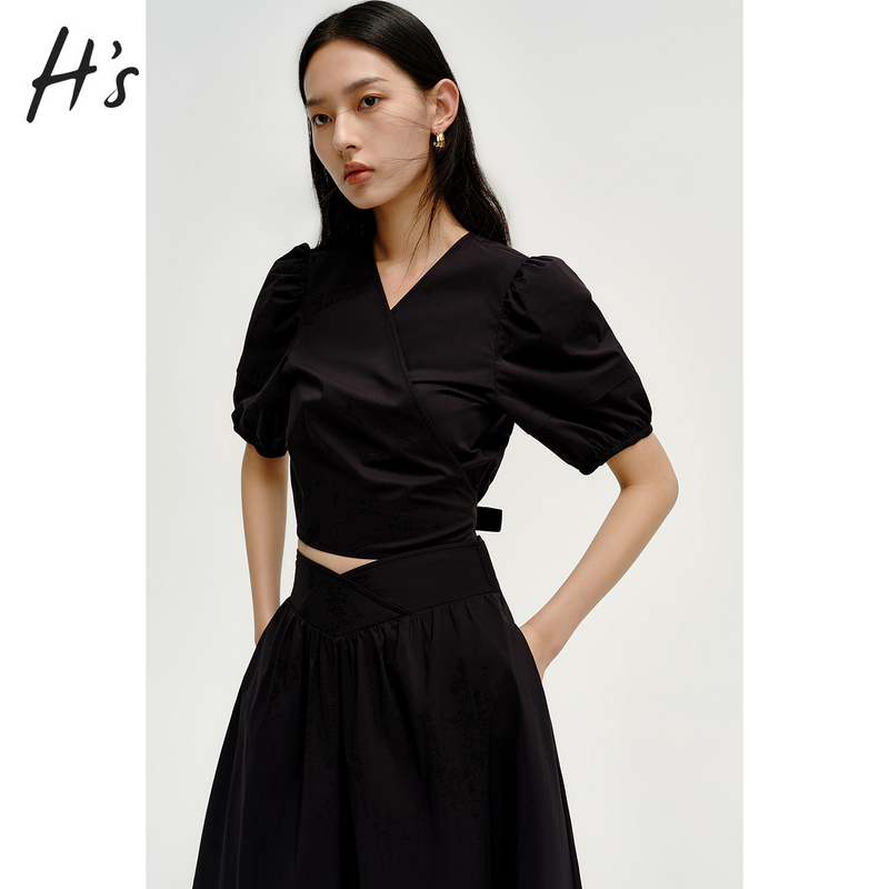 HS围裹式V领衬衫夏季新品高级设计感女装黑色时髦百搭上衣短袖