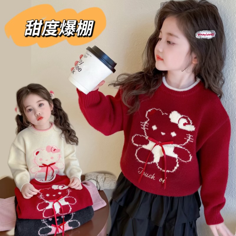 女童毛衣秋冬2025新款儿童洋气针织衫宝宝猫咪蝴蝶结打底套头上衣