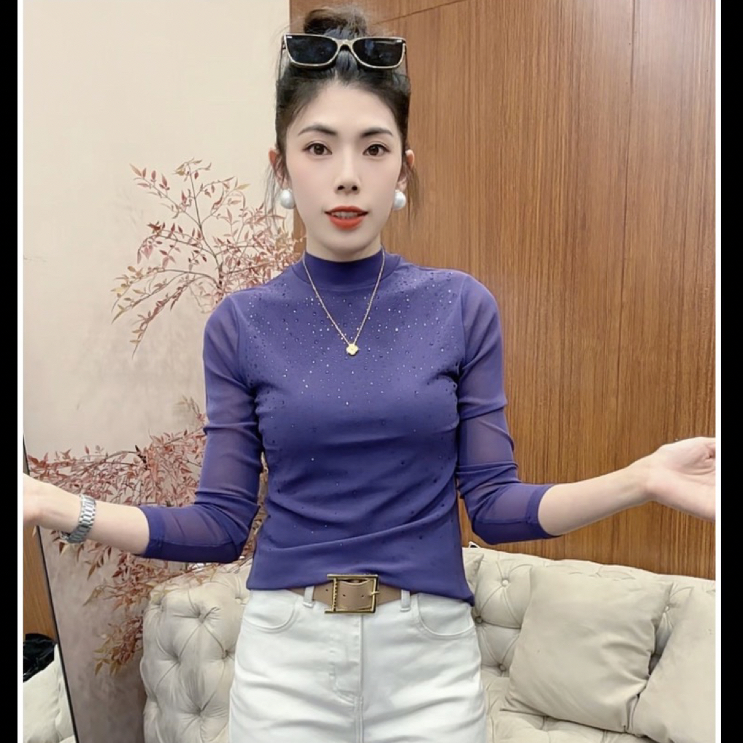 月月家，新款秋季满天星满钻修身半领网纱长袖上衣6188