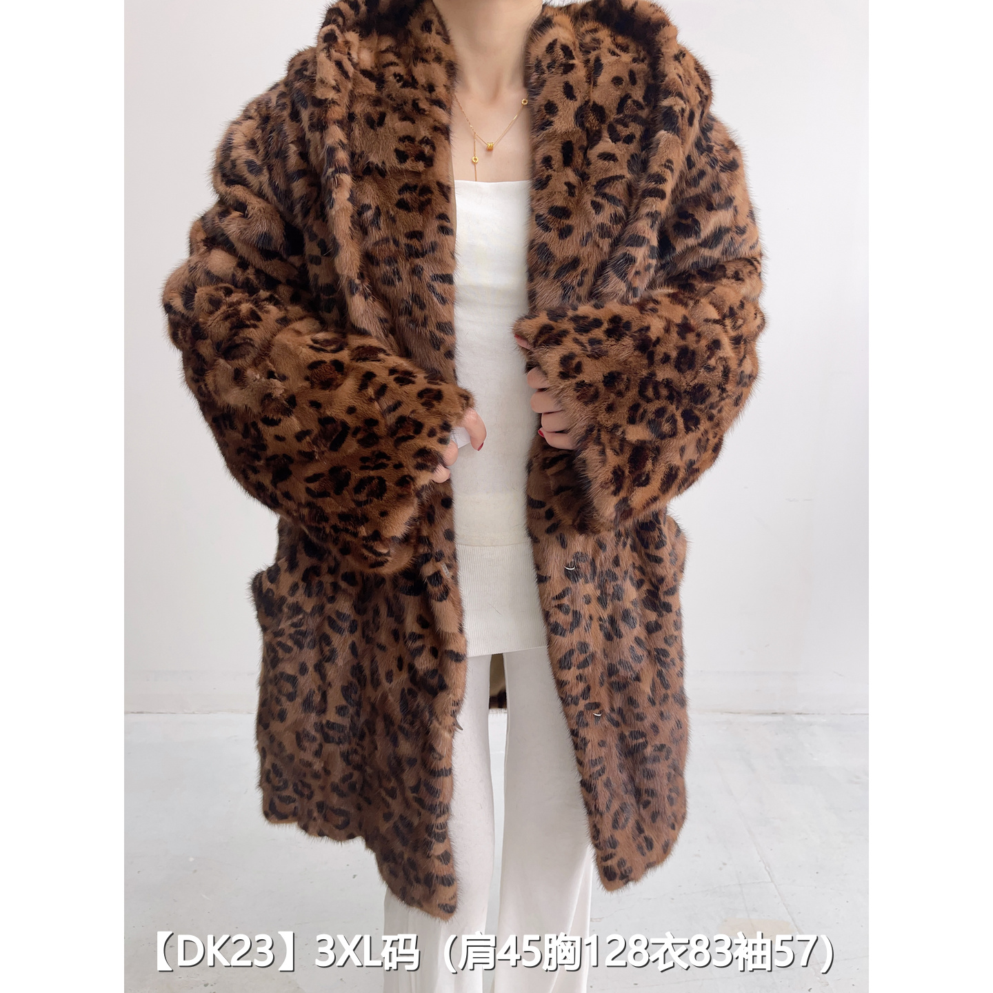 【DK23】3XL 豹纹中长款整皮貂皮水貂外套女 连帽挽袖 53023