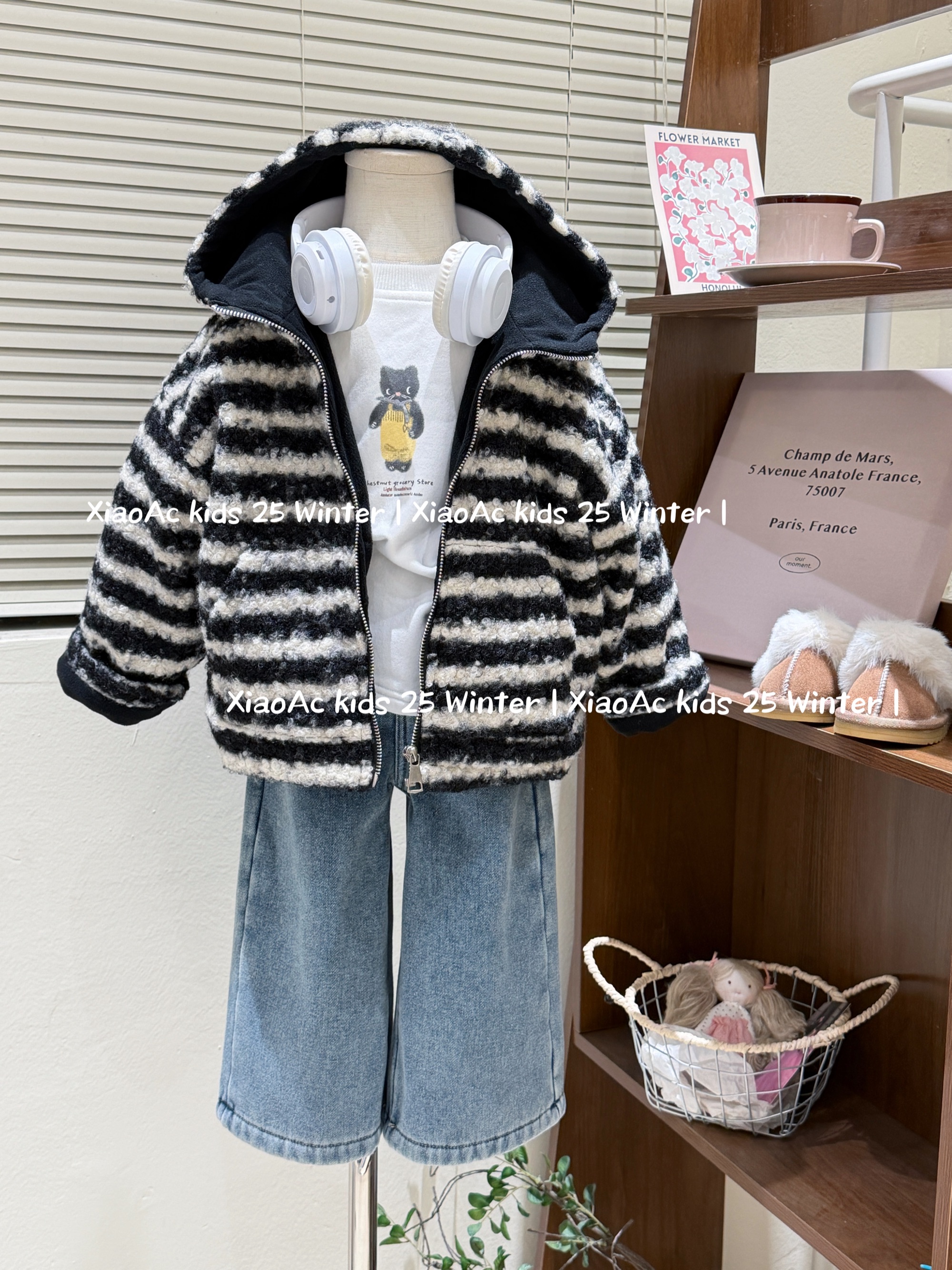 韩系女童冬款洋气加绒加厚条纹连帽毛毛外套男女宝百搭加绒牛仔裤