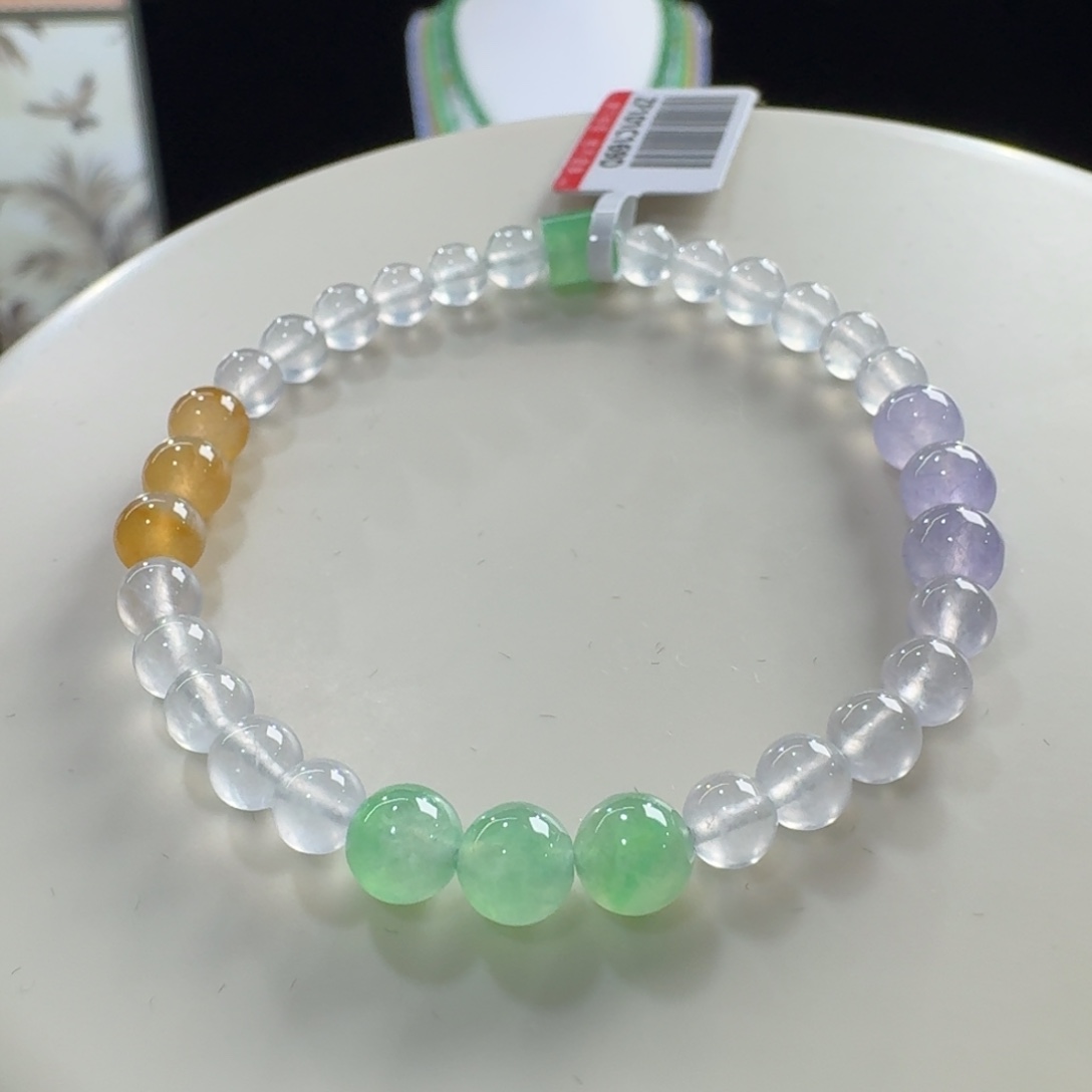 翡翠未镶嵌手链白玻璃钢配三彩单圈5-6mm