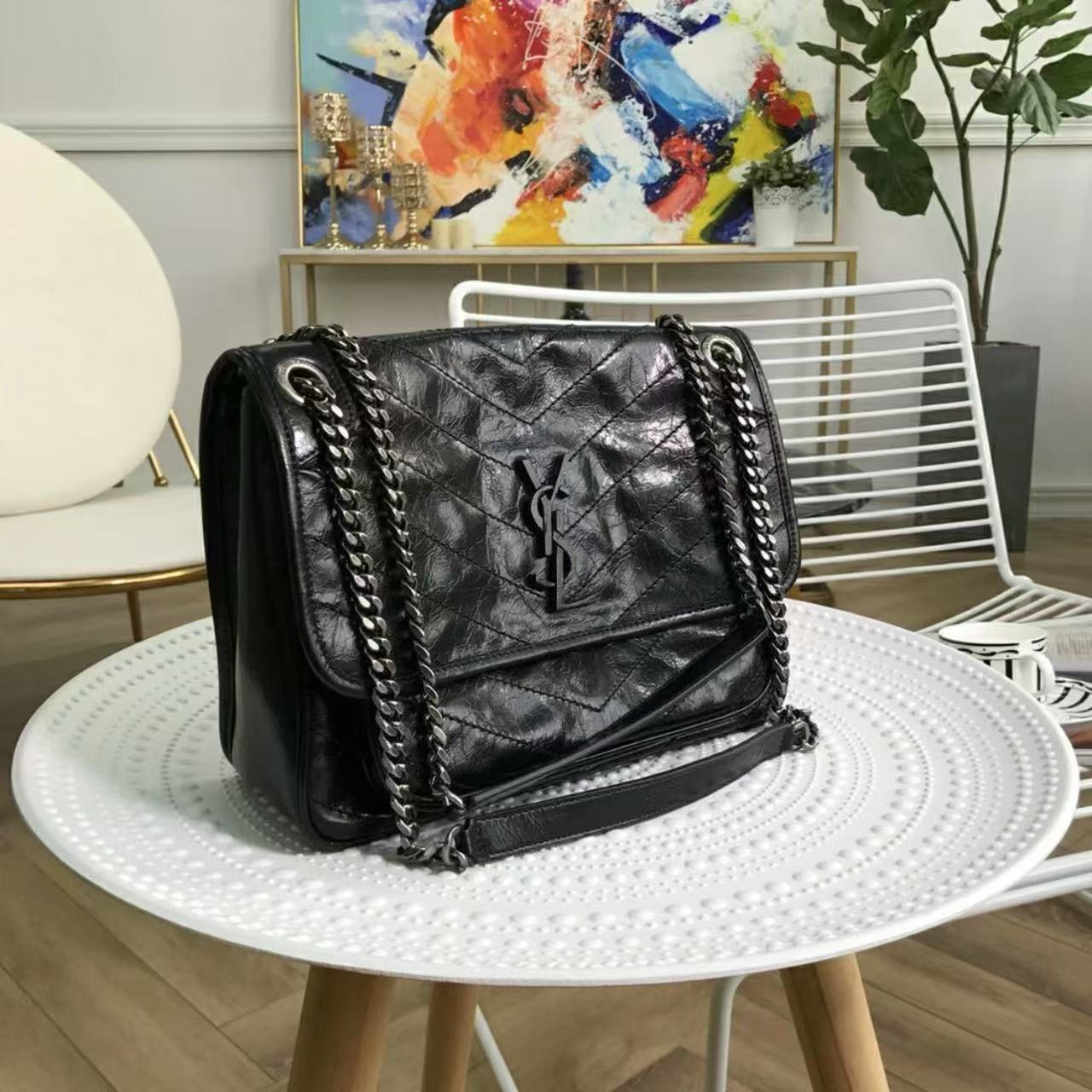 95新 YSL/圣罗兰 d扣黑银中号niki包  28cm 12096430