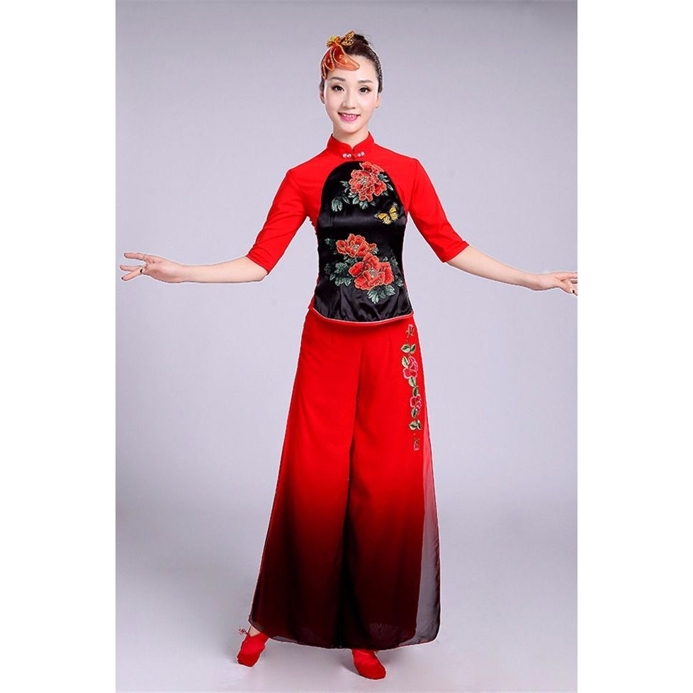红色长袖中国风民族风飘逸套装！新款夏季秧歌服腰鼓舞服舞台演出
