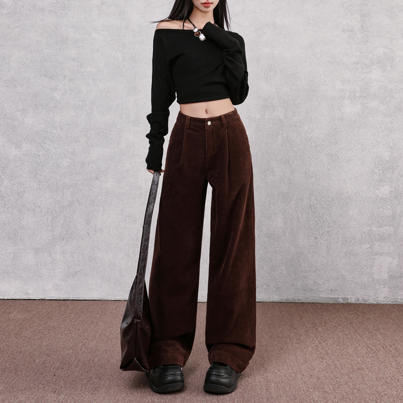 深棕色2025秋季新款＆简约时髦立体单折灯芯绒感宽松显高阔腿裤女