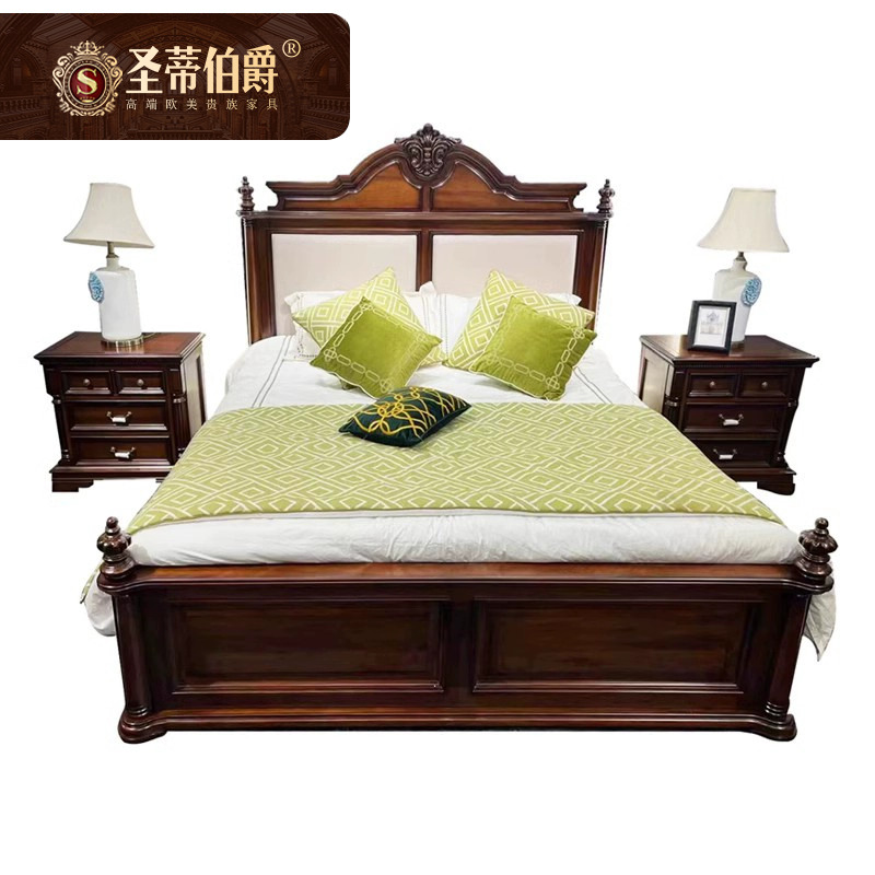 圣蒂伯爵别墅高端真皮床主卧室套餐家具美式全实木双人婚床1.8米