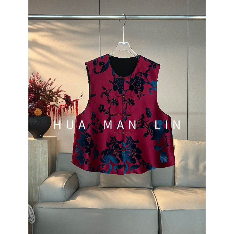 花滿林圆领手工盘扣非遗手工漳绒真丝桑蚕丝马夹268648