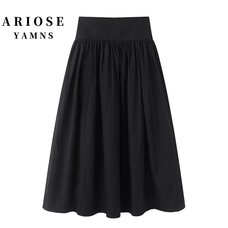 艾诺丝商场同款夏季女装长款休闲百搭拉链裙子高腰优雅半身裙黑色