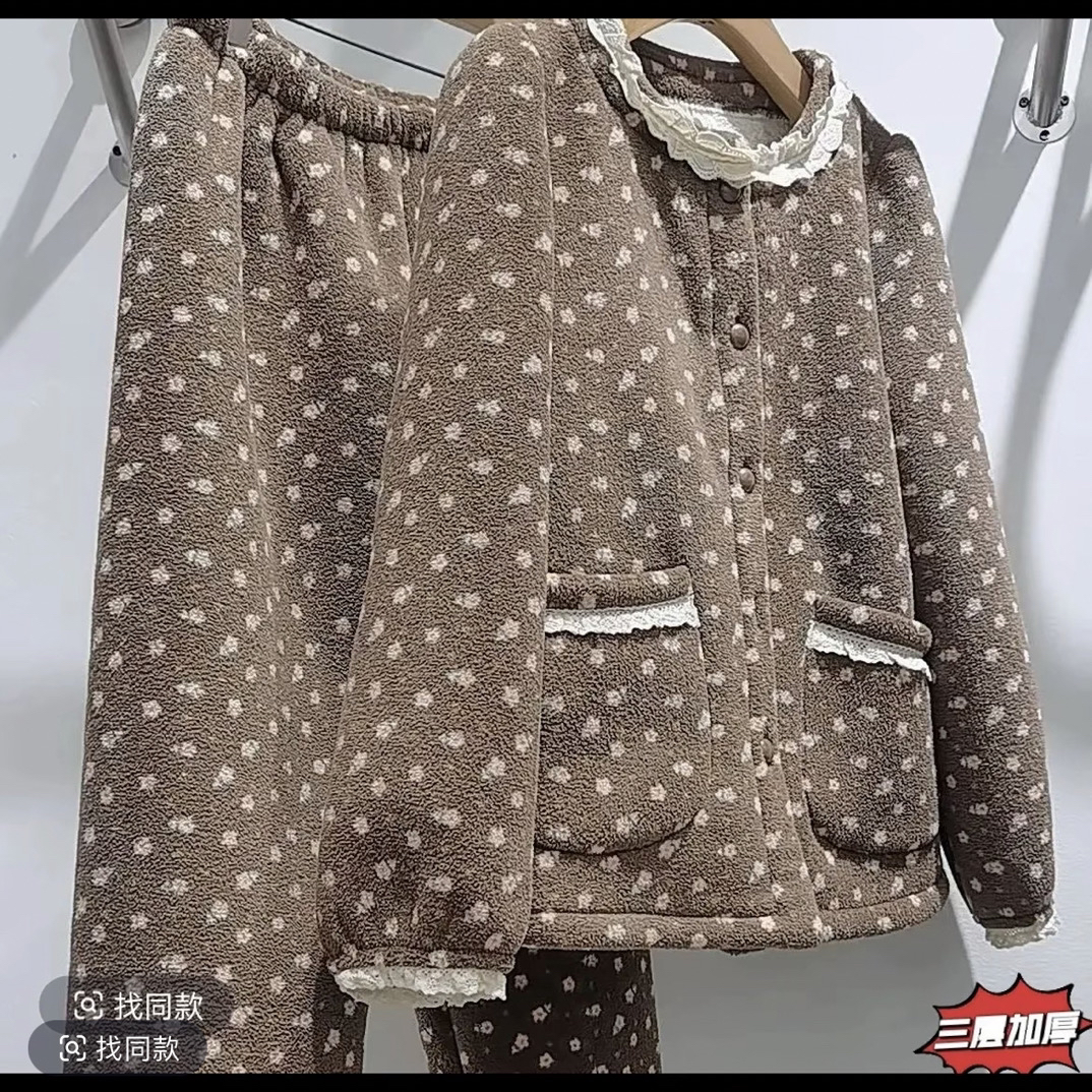 蕾丝花边三层加绒加厚韩系冬季长袖可外穿女士保暖家居服套装