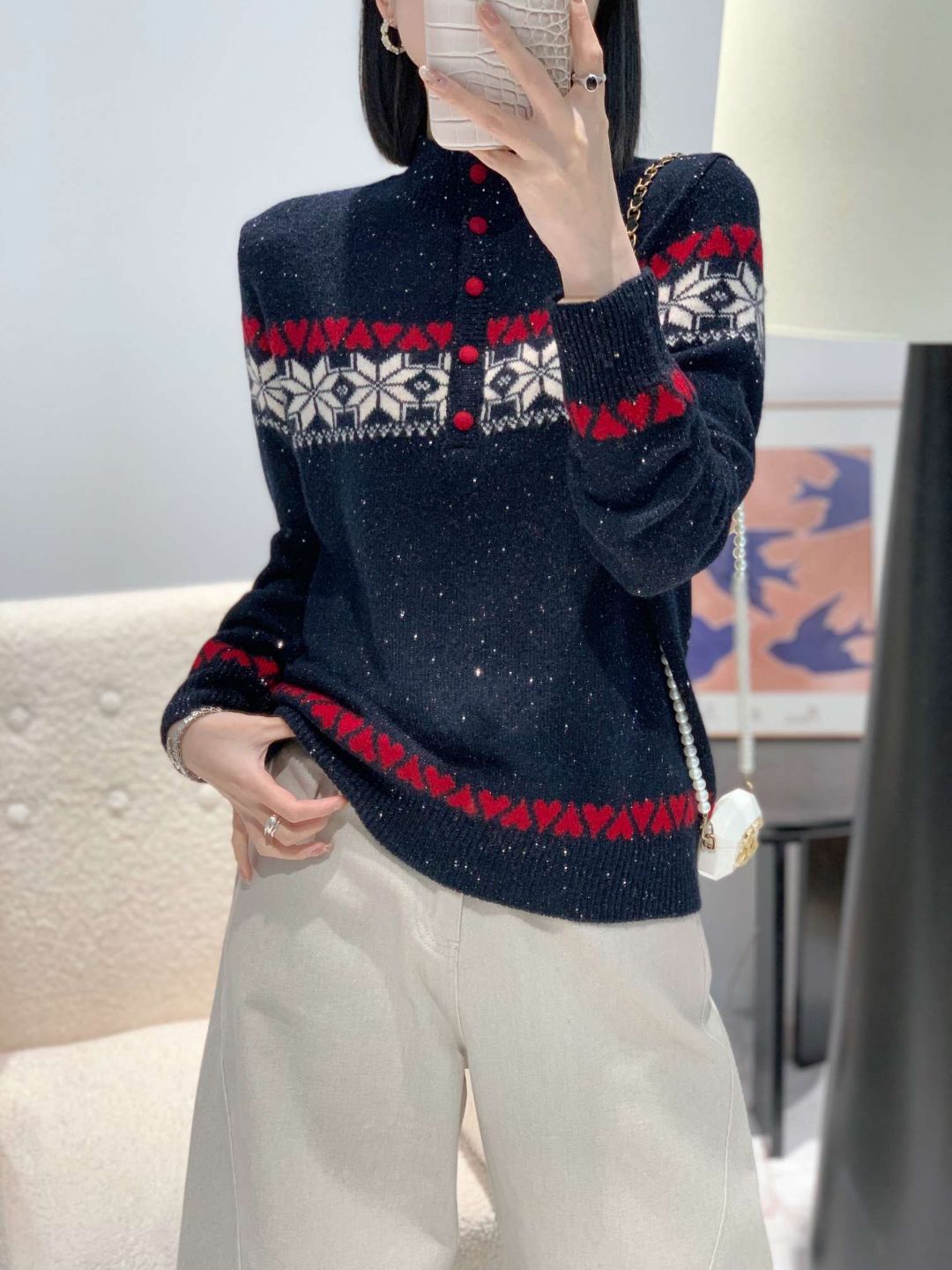 复古风半高领提花针织套头衫