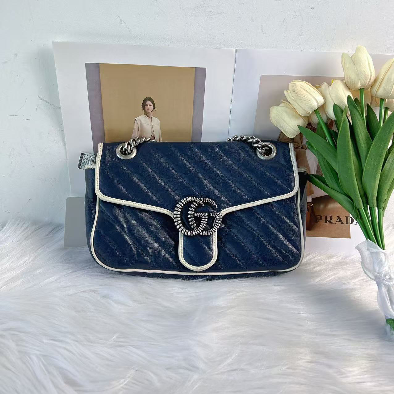 95新 GUCCI/古驰 古驰b1232蓝白拼色马蒙26单肩包