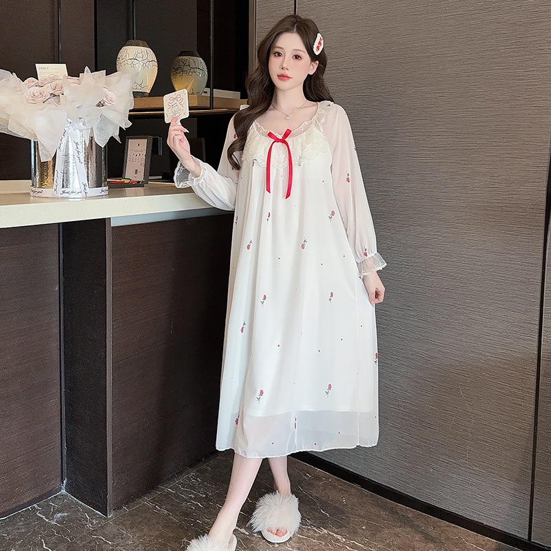 睡裙【带胸垫】睡衣女春秋款莫代尔睡裙法式宫廷风性感家居服可外穿