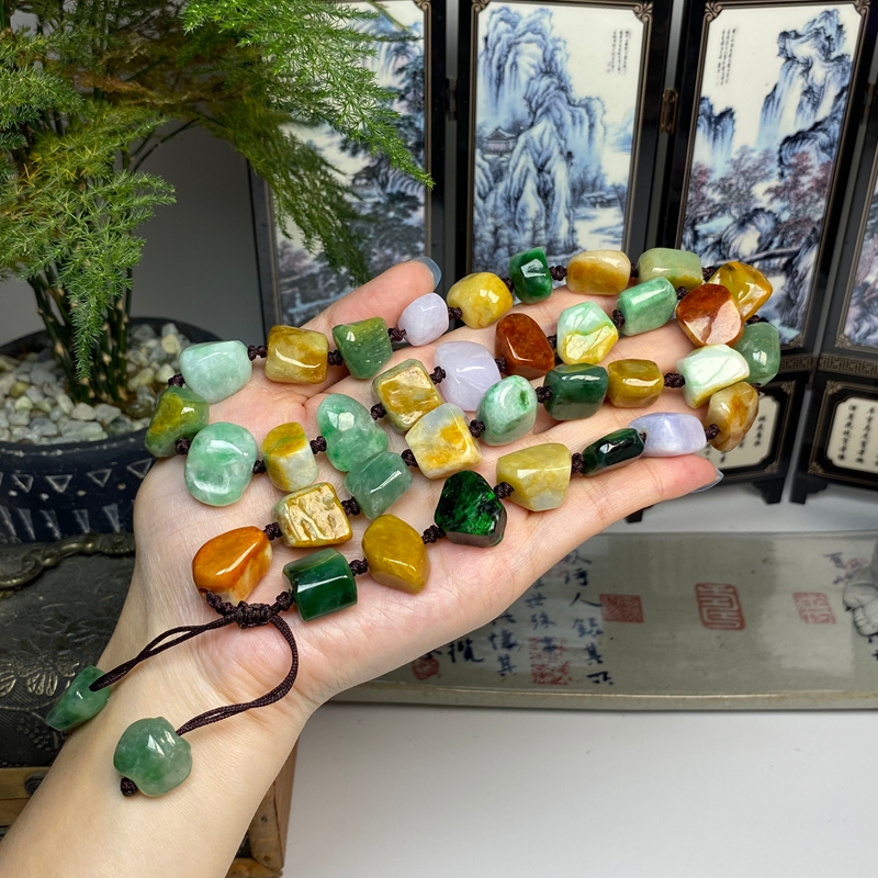 红加绿多彩福禄寿不规则随形原石项链 天然翡翠A货